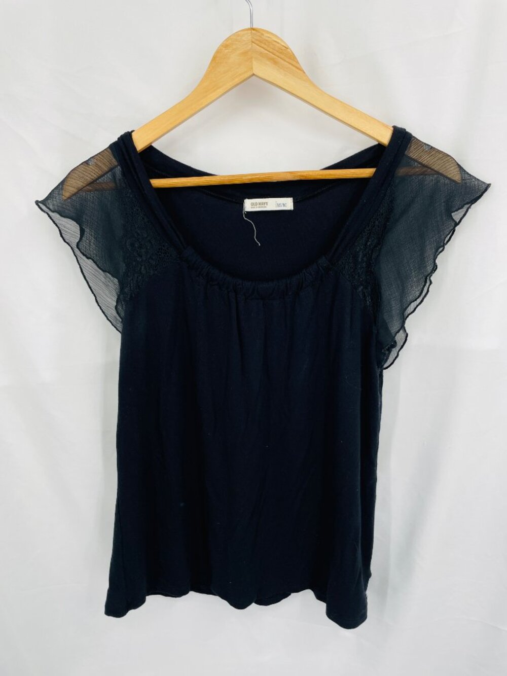 Old Navy Black Short Sleeve Ruffle Sheer Sleeves